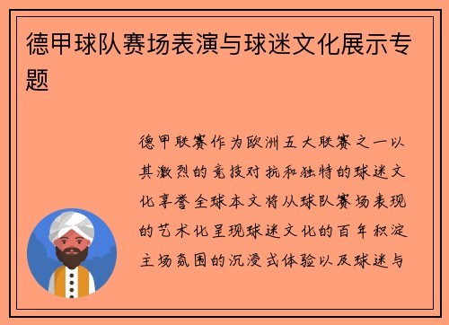 德甲球队赛场表演与球迷文化展示专题